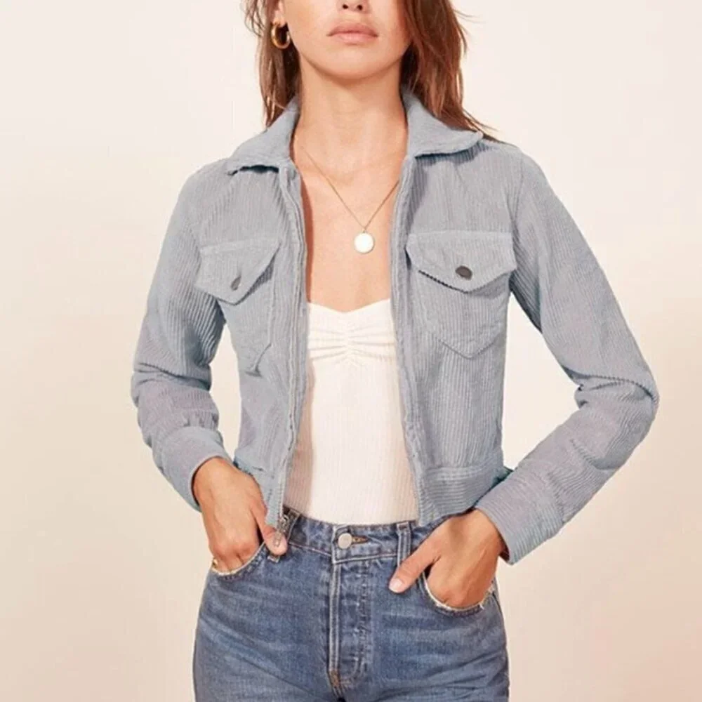 Reformation Texas Cropped Corduroy Jacket In Cloud Blue XS​​​​​​​​​​